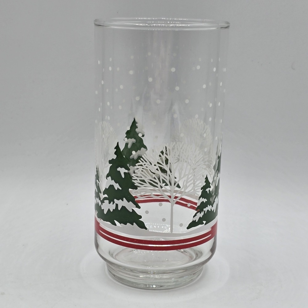 Libby Holiday Snowy‎ Winter Wonderland Pine Tree Scene Drinking Glass Vtg